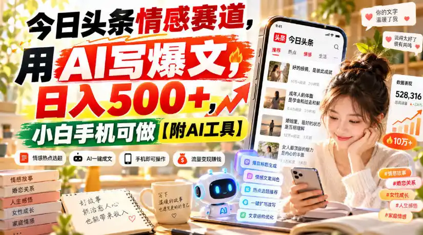 今日头条情感赛道，用AI写爆文，日入500 ，小白手机可做【附AI工具】