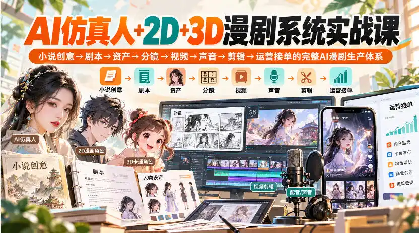 【无水印】AI仿真人 2D 3D漫剧系统实战课，小说创意→剧本→资产→分镜→视频→声音→剪辑→运营接单的完整AI漫剧生产体系