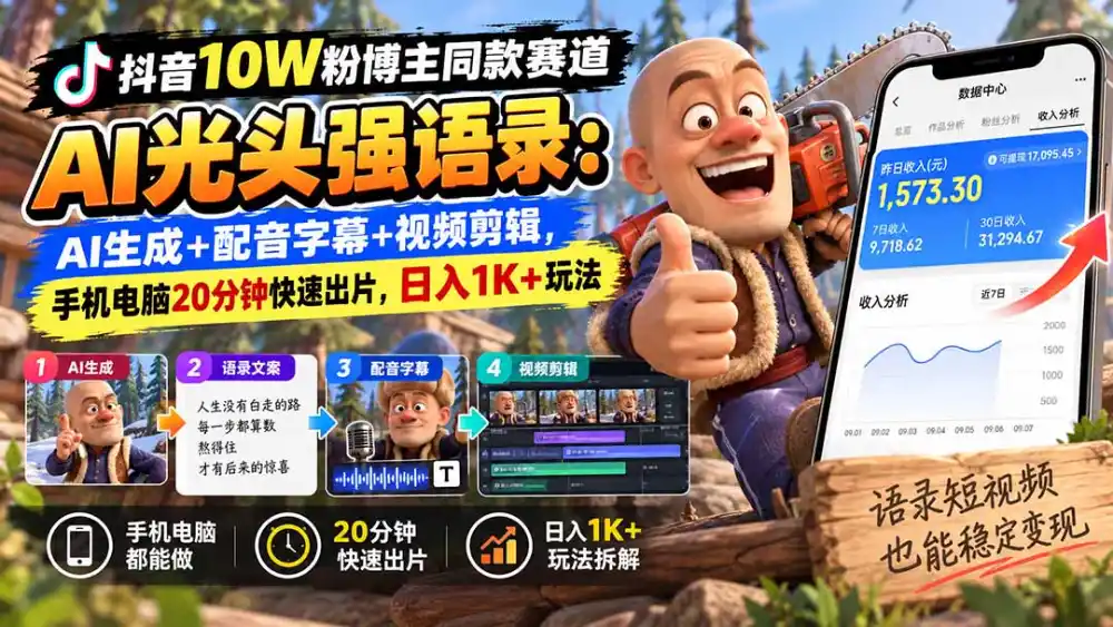 【无水印】抖音10W粉博主同款赛道AI光头强语录:AI生成 配音字幕 视频剪辑,手机电脑20分钟快速出片,日入1K 玩法