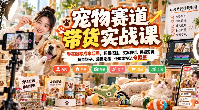 宠物赛道带货实战课,零基础零成本起号,场景搭建、文案拍摄、网感剪辑、黄金钩子、爆品选品、低成本投流全覆盖