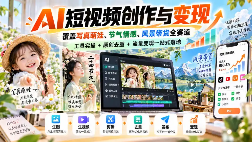 AI短视频创作与变现，覆盖写真萌娃、节气情感、风景带货全赛道，工具实操 原创去重 流量变现一站式落地
