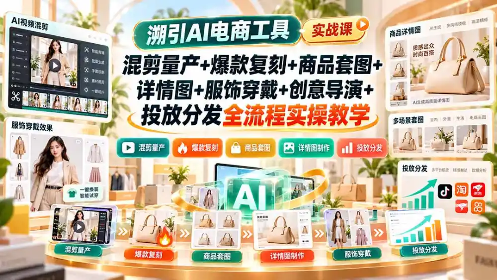 溯引AI电商工具实战课:混剪量产 爆款复刻 商品套图 详情图 服饰穿戴 创意导演 投放分发全流程实操教学
