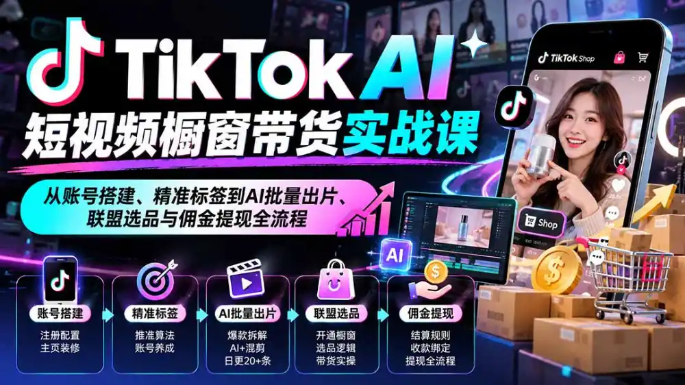 TikTok AI短视频橱窗带货实战课:从账号搭建、精准标签到AI批量出片、联盟选品与佣金提现全流程