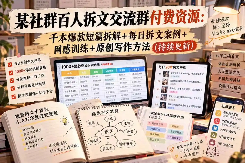 某社群百人拆文交流群付费资源-更新0929：千本爆款短篇拆解 每日拆文案例 网感训练 原创写作方法
