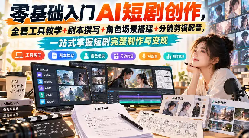 零基础入门AI短剧创作,全套工具教学 剧本撰写 角色场景搭建 分镜剪辑配音,一站式掌握短剧完整制作与变现