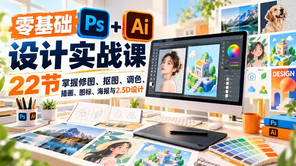 【无水印】零基础PS AI设计实战课|22节掌握修图、抠图、调色、插画、图标、海报与2.5D设计