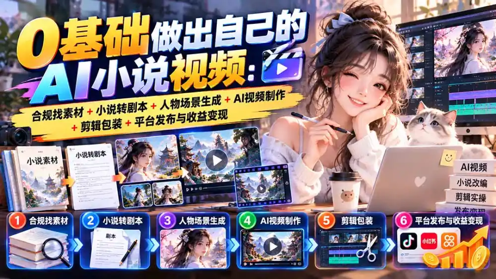 0基础做出自己的AI小说视频：合规找素材 小说转剧本 人物场景生成 AI视频制作 剪辑包装 平台发布与收益变现