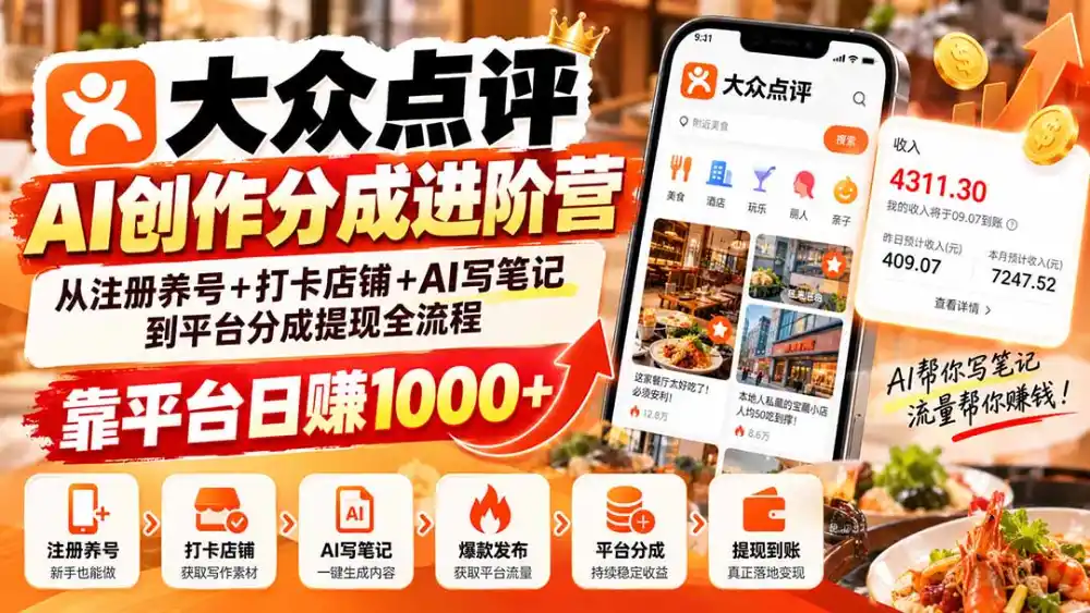 大众点评AI创作分成进阶营：从注册养号 打卡店铺 AI写笔记到平台分成提现全流程，靠平台日赚1000 