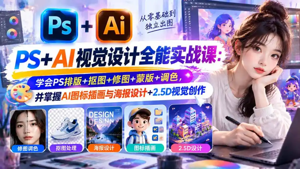 【无水印】PS AI视觉设计全能实战课：学会PS排版 抠图 修图 蒙版 调色，并掌握AI图标插画与海报设计 2.5D视觉创作