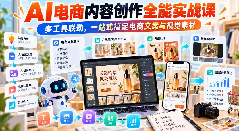 【无水印】AI电商内容创作全能实战课|多工具联动,一站式搞定电商文案与视觉素材