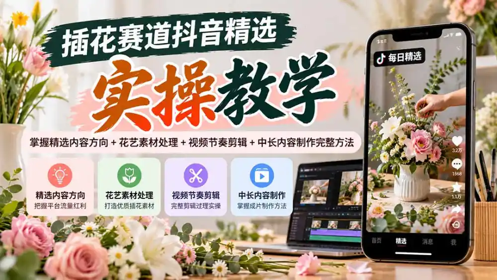 插花赛道抖音精选实操教学:掌握精选内容方向 花艺素材处理 视频节奏剪辑 中长内容制作完整方法