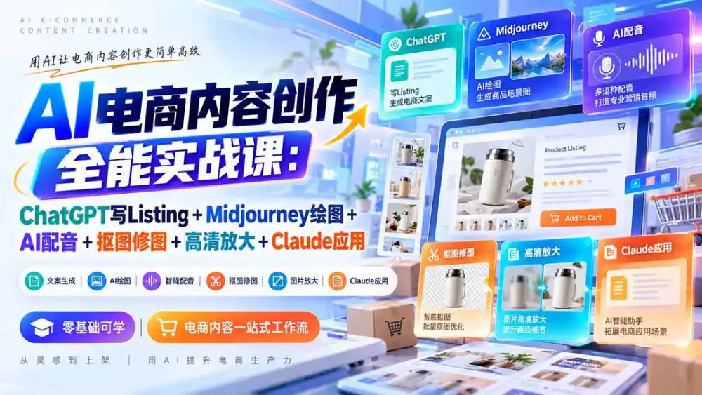 【无水印】AI电商内容创作全能实战课:ChatGPT写Listing Midjourney绘图 AI配音 抠图修图 高清放大 Claude应用