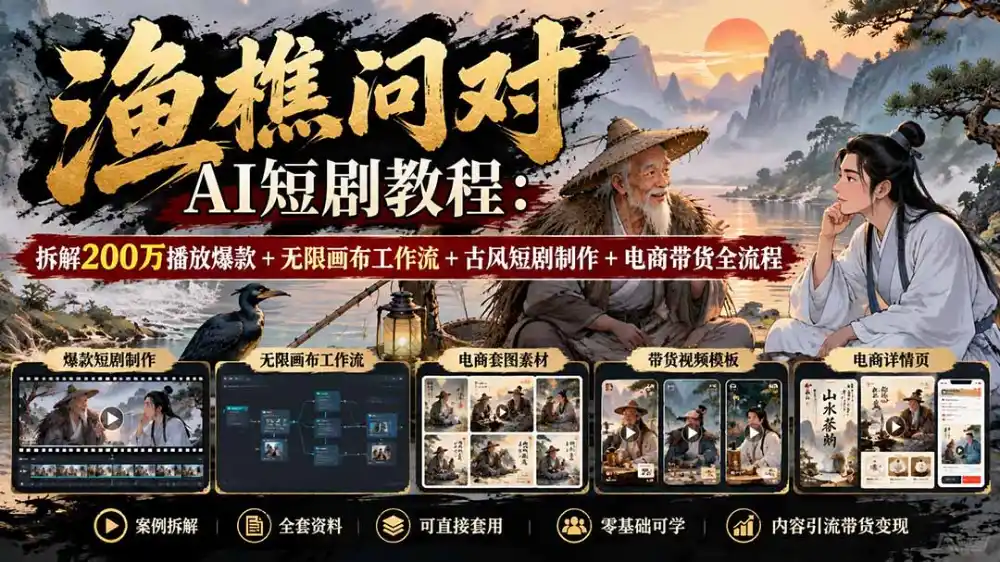 【无水印】渔樵问对AI短剧教程：拆解200万播放爆款 无限画布工作流 古风短剧制作 电商带货全流程