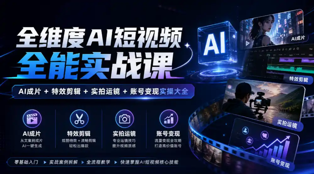 全维度AI短视频全能实战课,AI成片 特效剪辑 实拍运镜 账号变现实操大全
