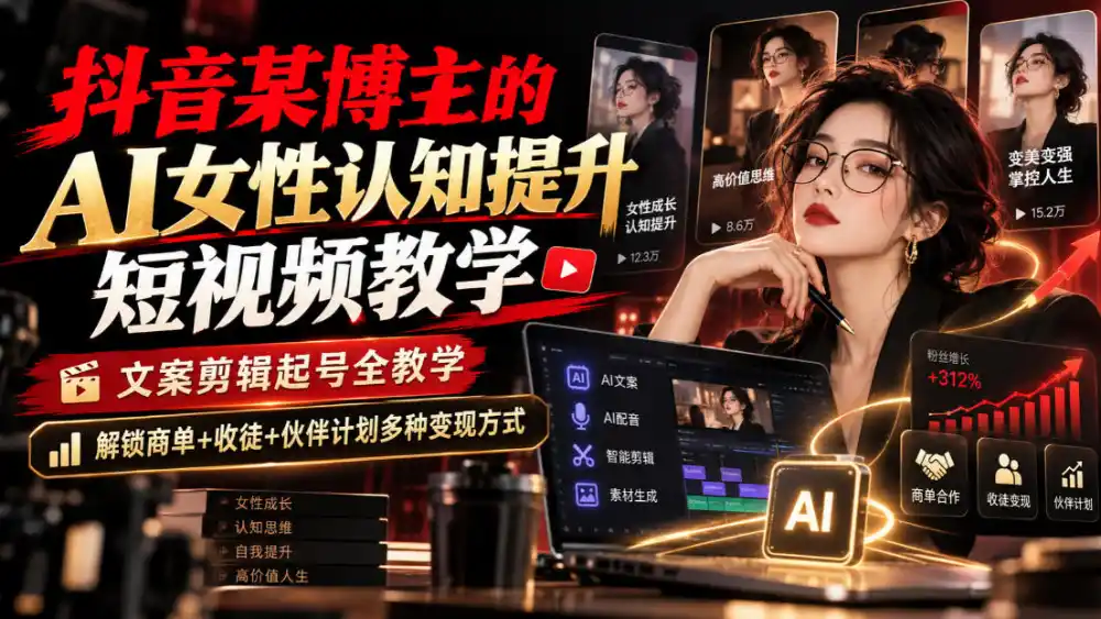 抖音某博主的Ai女性认知提升短视频教学,文案剪辑起号全教学,解锁商单 收徒 伙伴计划多种变现方式