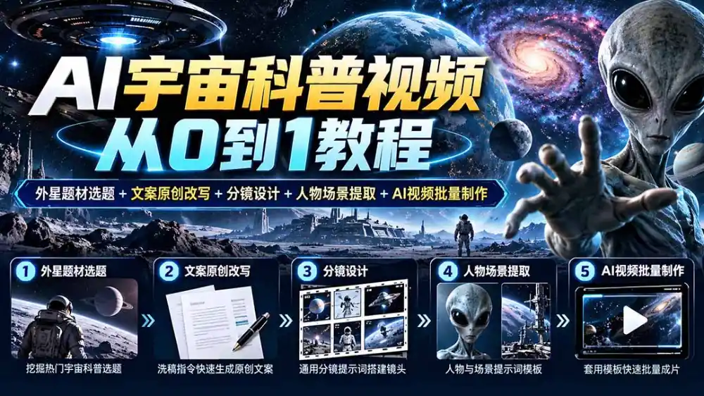 AI宇宙科普视频从0到1教程|外星题材选题 文案原创改写 分镜设计 人物场景提取 AI视频批量制作