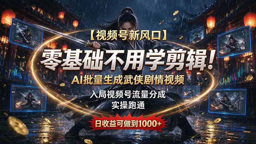 【视频号新风口】零基础不用学剪辑！AI 批量生成武侠剧情视频，入局视频号流量分成，实操跑通，日收益可做到 1000 
