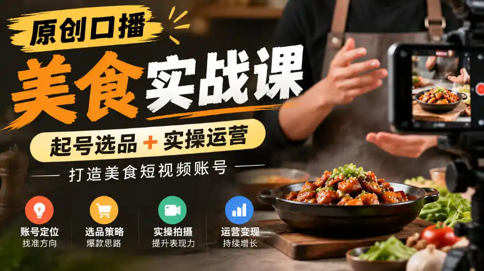原创口播美食实战课，起号选品 实操运营，打造美食短视频账号