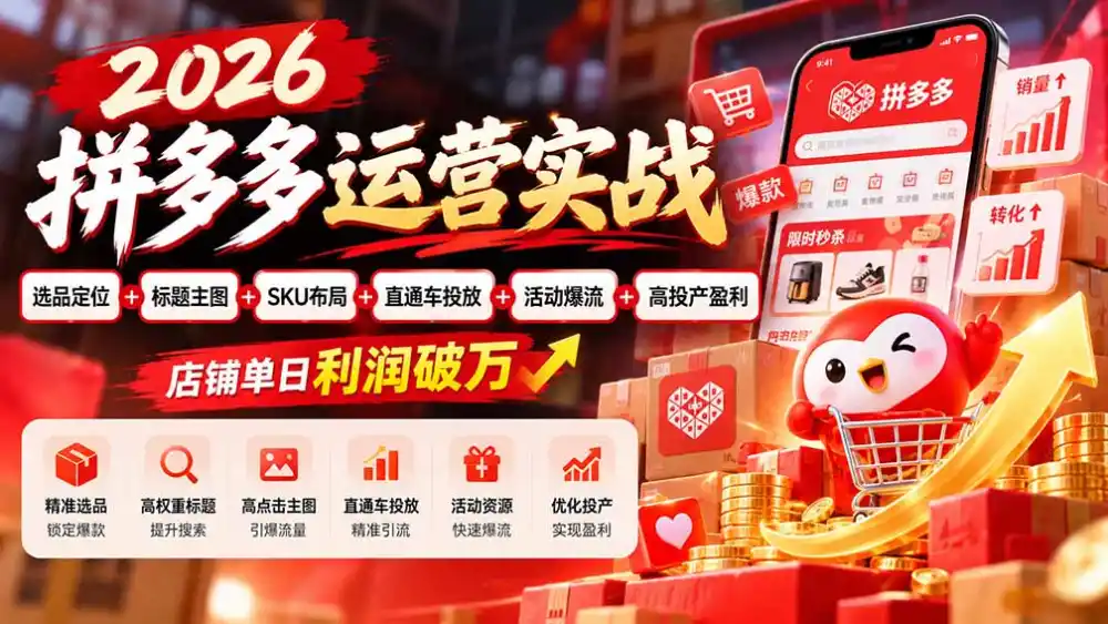 2026拼多多运营实战-更新1002：选品定位 标题主图 SKU布局 直通车投放 活动爆流 高投产盈利 店铺单日利润破万
