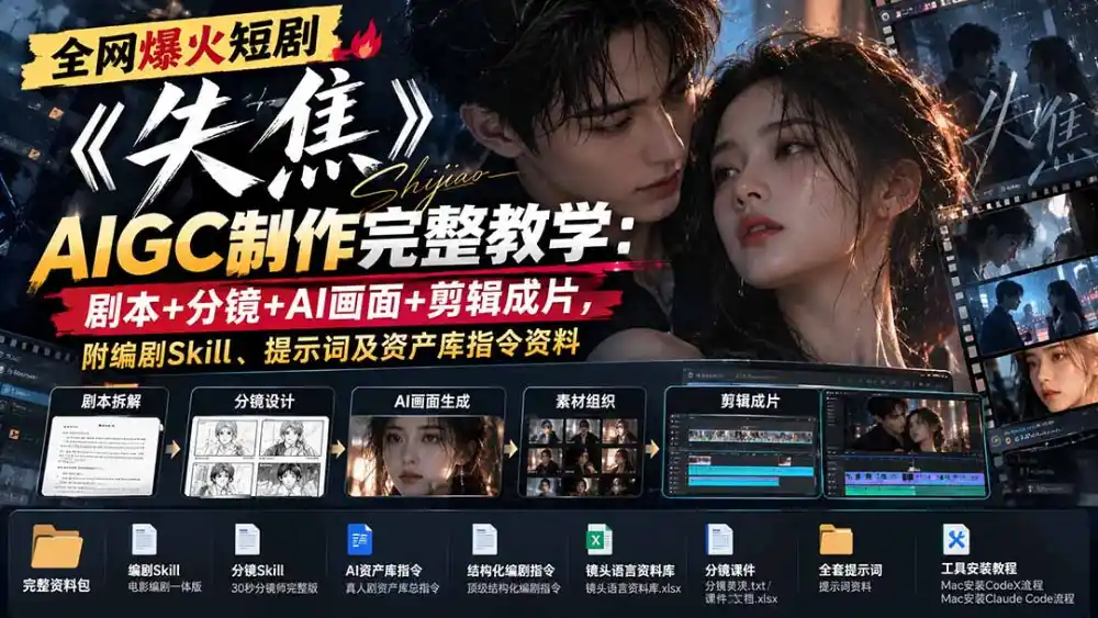 全网爆火短剧《失焦》AIGC制作完整教学：剧本 分镜 AI画面 剪辑成片，附编剧Skill、提示词及资产库指令资料