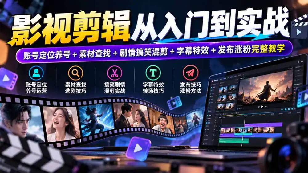 影视剪辑从入门到实战：账号定位养号 素材查找 剧情搞笑混剪 字幕特效 发布涨粉完整教学