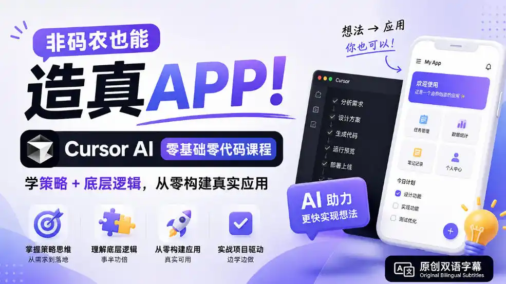 非码农也能造真APP！Cursor AI零基础零代码课程：学策略 底层逻辑，从零构建真实应用【原创双语字幕】