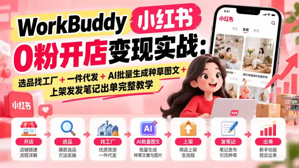 WorkBuddy小红书0粉开店变现实战：选品找工厂 一件代发 AI批量生成种草图文 上架发发笔记出单完整教学