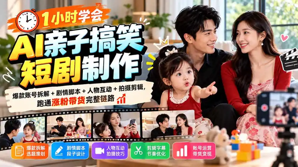 1小时学会AI亲子搞笑短剧制作：爆款账号拆解 剧情脚本 人物互动 拍摄剪辑，跑通涨粉带货完整链路