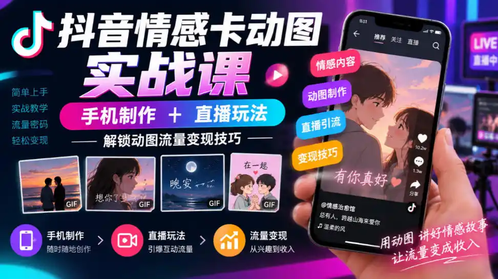 抖音情感卡动图实战课｜手机制作 直播玩法，解锁动图流量变现技巧