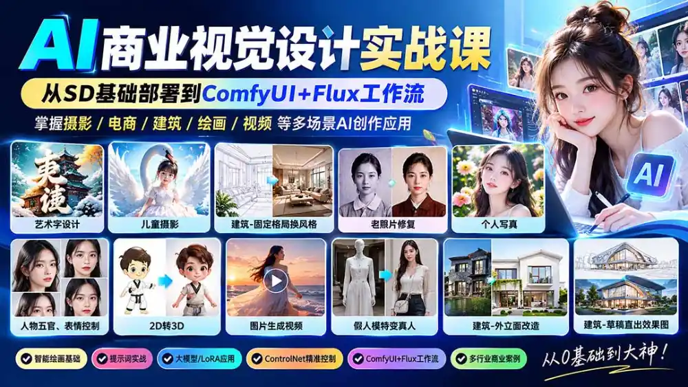 【无水印】AI商业视觉设计实战课：从SD基础部署到ComfyUI Flux工作流，掌握摄影电商建筑AI创作