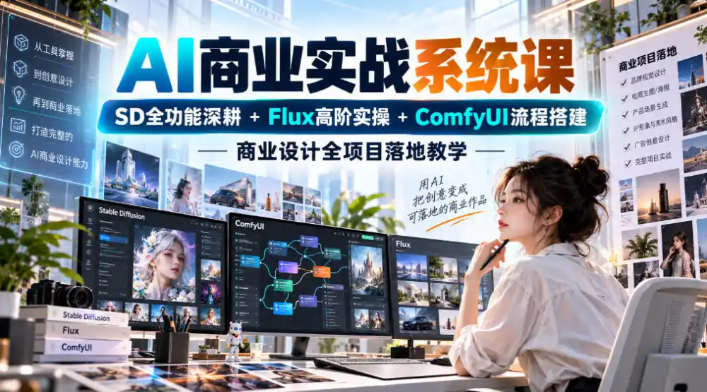 AI商业实战系统课｜SD全功能深耕 Flux高阶实操 Comfyui流程搭建，商业设计全项目落地教学