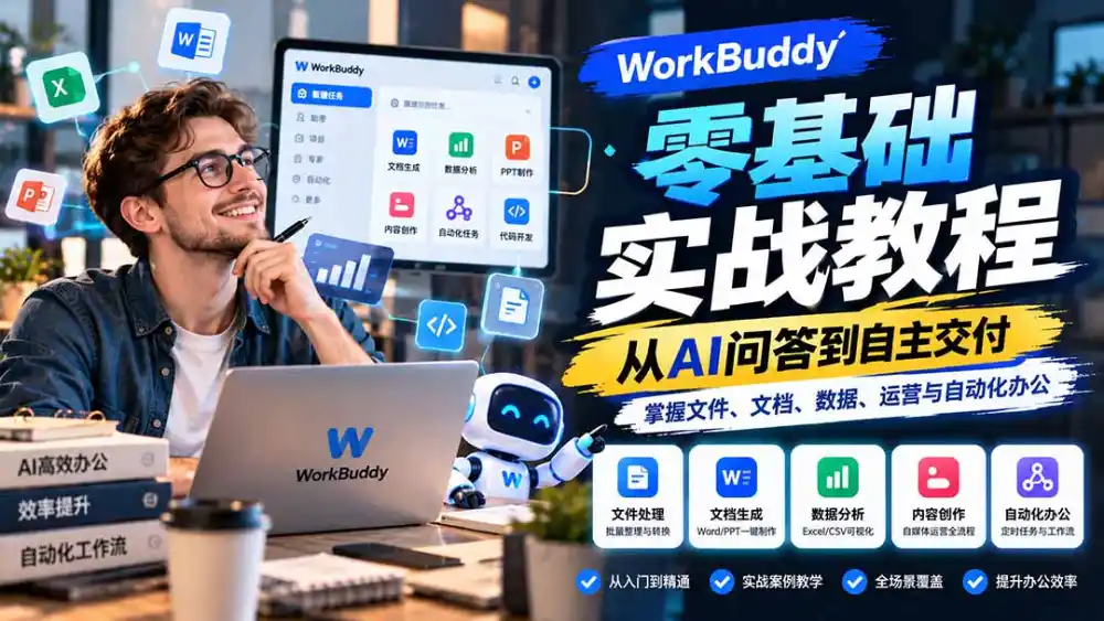 WorkBuddy零基础实战教程:从AI问答到自主交付,掌握文件、文档、数据、运营与自动化办公