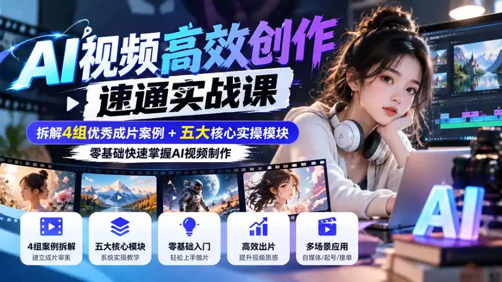 【无水印】AI视频高效创作速通实战课：拆解4组优秀成片案例 五大核心实操模块，零基础快速掌握AI视频制作