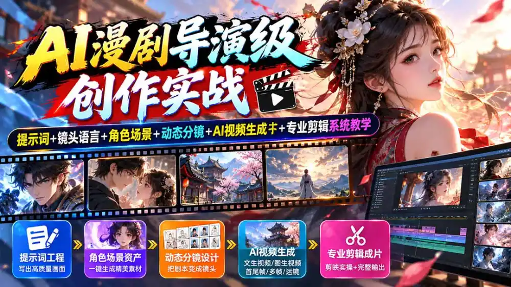 AI漫剧导演级创作实战：提示词 镜头语言 角色场景 动态分镜 AI视频生成 专业剪辑系统教学