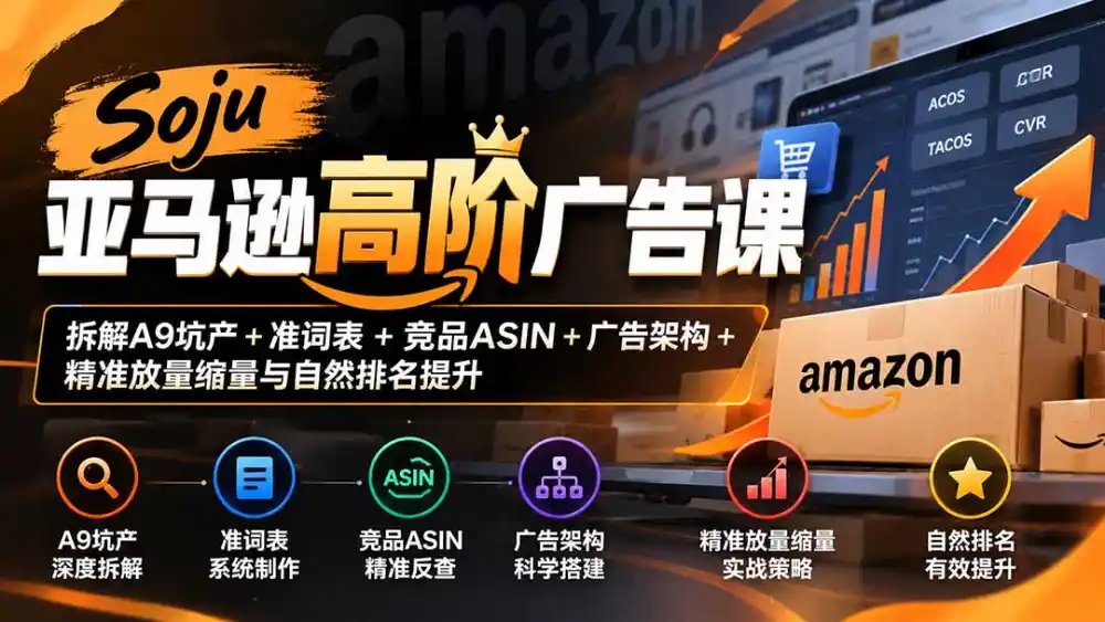 Soju亚马逊高阶广告课:拆解A9坑产 准词表 竞品ASIN 广告架构 精准放量缩量与自然排名提升