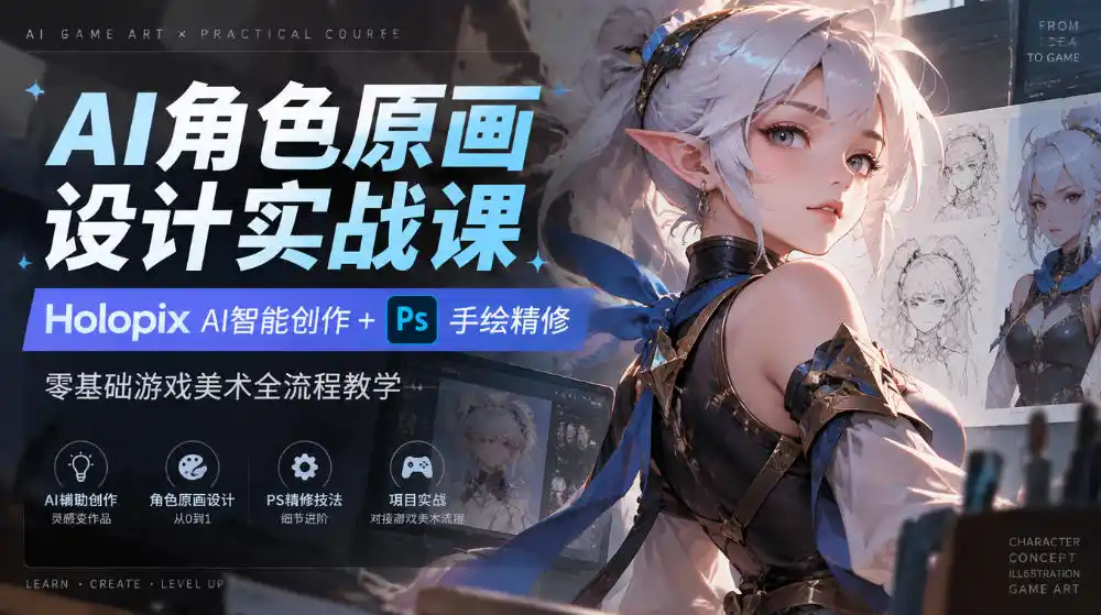 AI角色原画设计实战课|Holopix AI智能创作 PS手绘精修,零基础游戏美术全流程教学