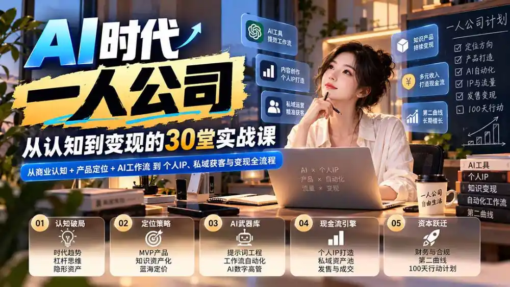 【无水印】AI时代一人公司30堂实战课:从商业认知 产品定位 AI工作流到个人IP、私域获客与变现全流程