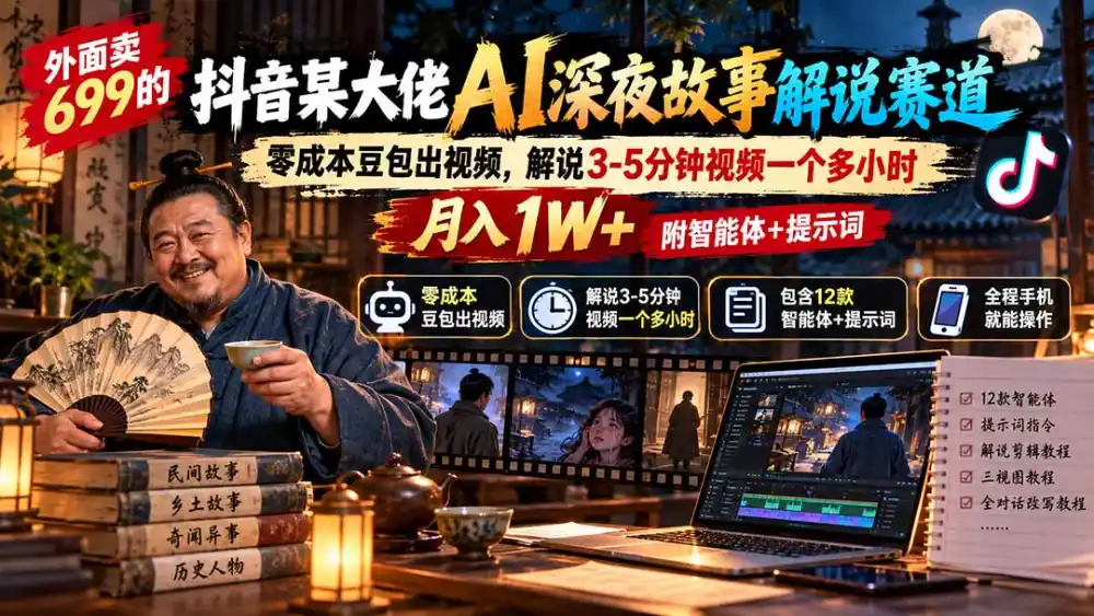 外面卖699抖音某大佬AI深夜故事解说赛道-更新:0成本豆包出视频 解说3-5分钟视频一个多小时,月入1W 附智能体 提示词