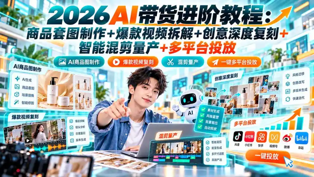 2026AI带货进阶教程:商品套图制作 爆款视频拆解 创意深度复刻 智能混剪量产 多平台投放