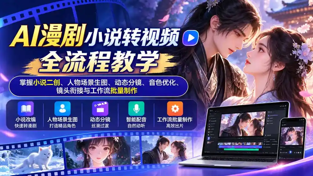 AI漫剧小说转视频全流程教学：掌握小说二创、人物场景生图、动态分镜、音色优化、镜头衔接与工作流批量制作