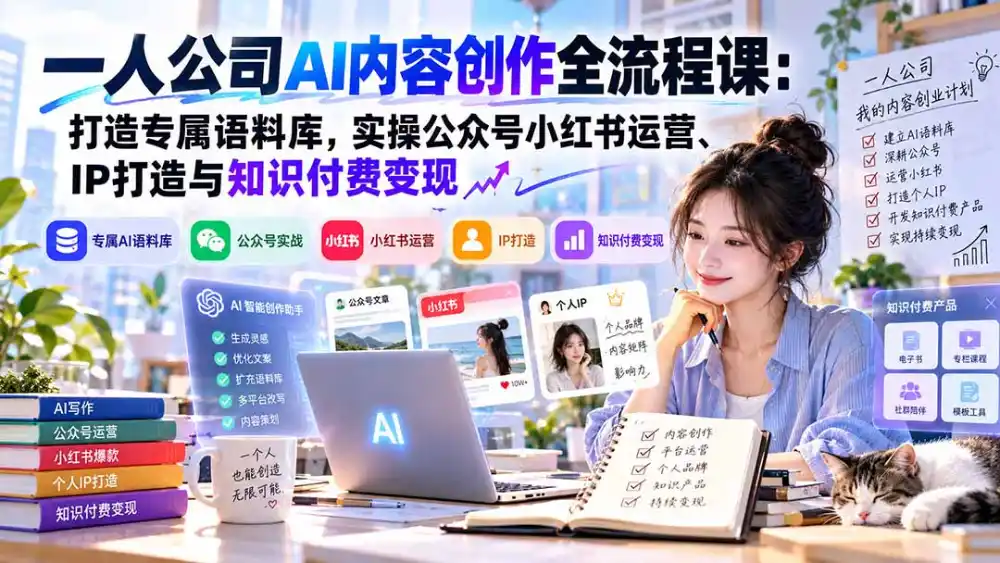 一人公司AI内容创作全流程课:打造专属语料库,实操公众号小红书运营、IP打造与知识付费变现方法论