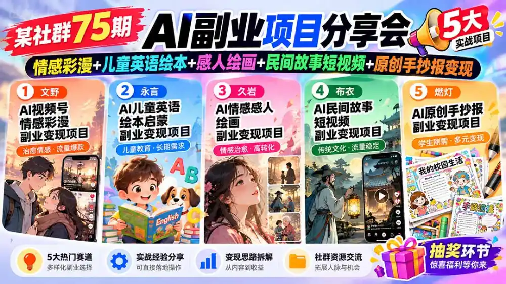 某社群75期AI副业项目分享会：情感彩漫 儿童英语绘本 感人绘画 民间故事短视频 原创手抄报变现