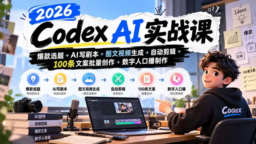 2026Codex AI实战课：爆款选题 AI写剧本 图文视频生成 自动剪辑 100条文案批量创作 数字人口播制作