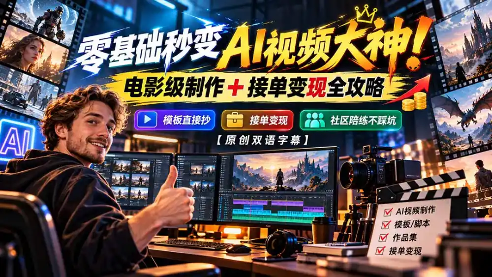 零基础秒变AI视频大神！电影级制作   接单变现全攻略，模板直接抄，社区陪练不踩坑【原创双语字幕】