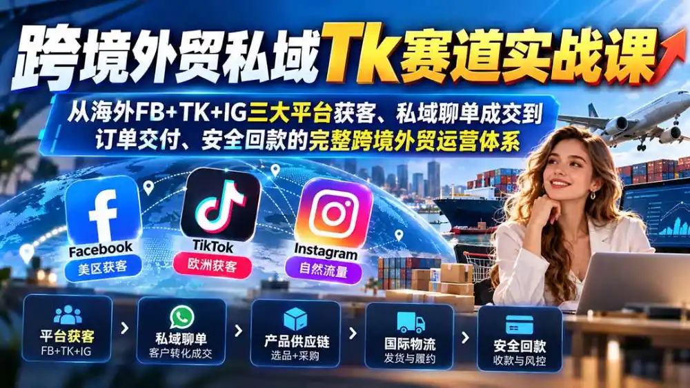 跨境外贸私域Tk赛道实战课：从海外FB TK IG三大平台获客、私域聊单成交到订单交付、安全回款的完整跨境外贸运营体系
