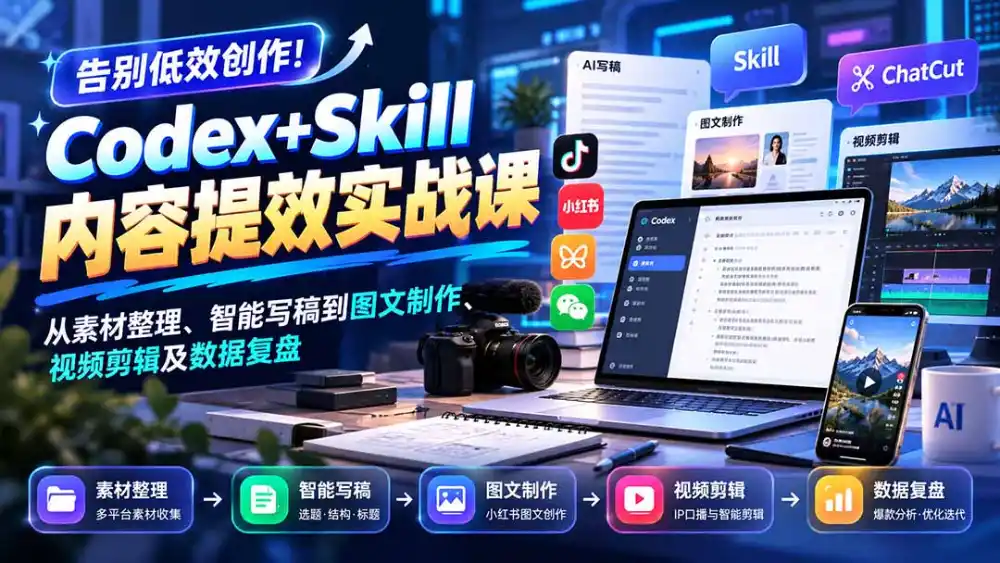 【无水印】告别低效创作！Codex Skill内容提效实战课：从素材整理、智能写稿到图文制作、视频剪辑及数据复盘