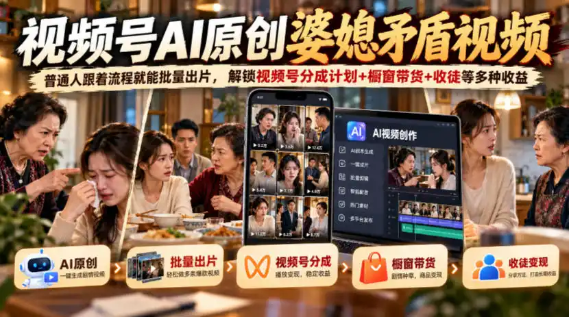视频号ai原创婆媳矛盾视频，普通人跟着流程就能批量出片，解锁视频号分成计划 橱窗带货 收徒等多种收益