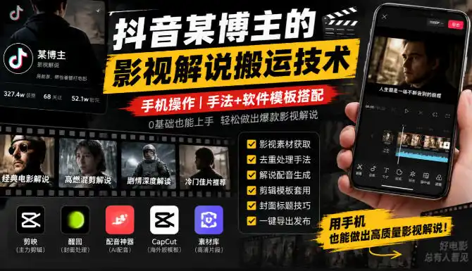 抖音某博主的影视解说搬运技术,手机操作,手法 软件模板搭配