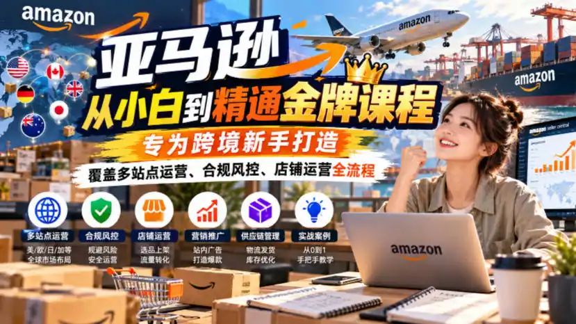 亚马逊从小白到精通金牌课程，专为跨境新手打造，覆盖多站点运营、合规风控、店铺运营全流程