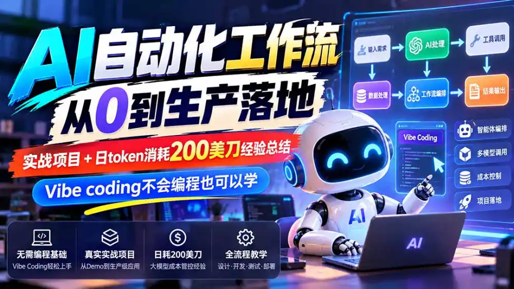 【无水印】AI自动化工作流从0到生产落地，实战项目 日token消耗200美刀经验总结，Vibe coding不会编程也可以学